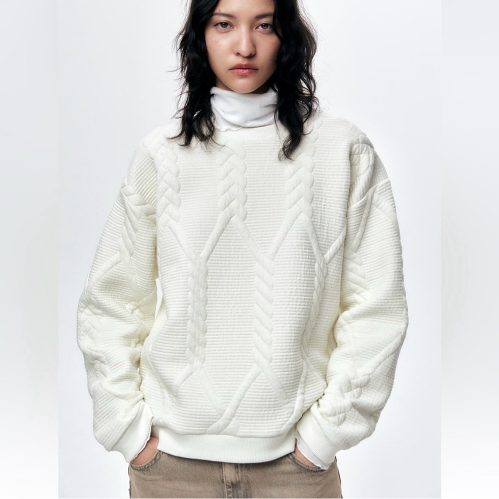 Zara Cream Cable-Knit Crewneck Sweater